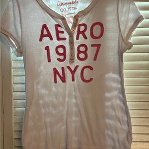 Aeropostale Cream and Red Henley Top xxl